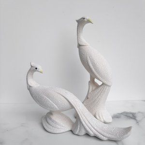 Vintage White Peacock Bird Figurine Pair midcentury modern textured spatter ware